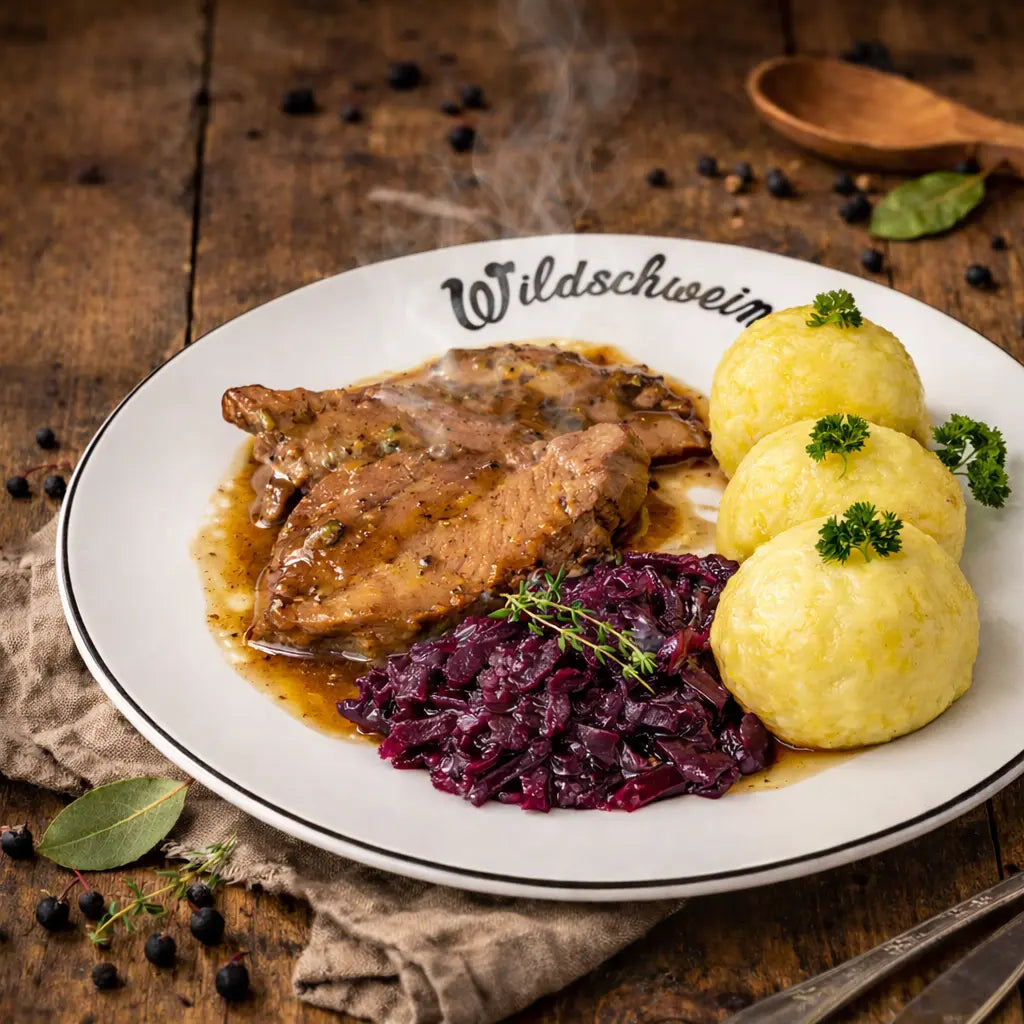 Wildschweinbraten mit Gemüse im Glas