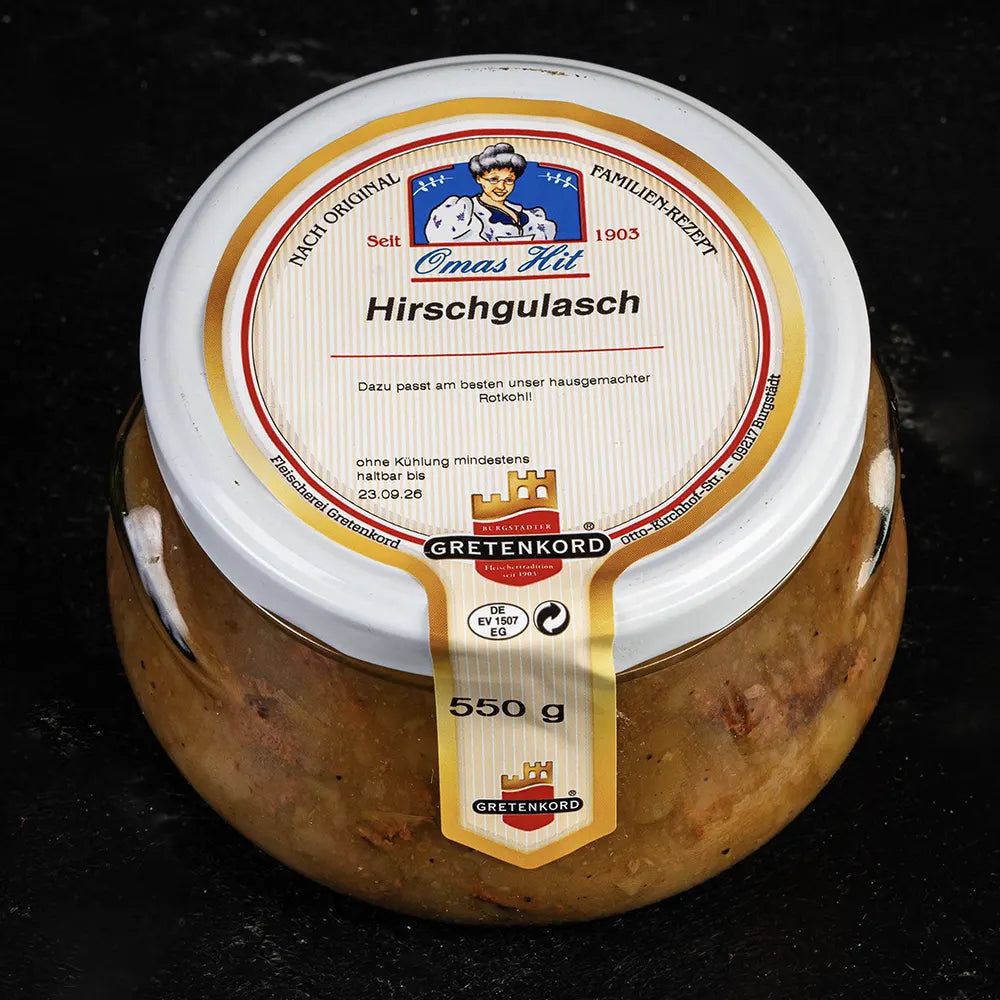 Hirschgulasch mit Waldpilzen im Glas
