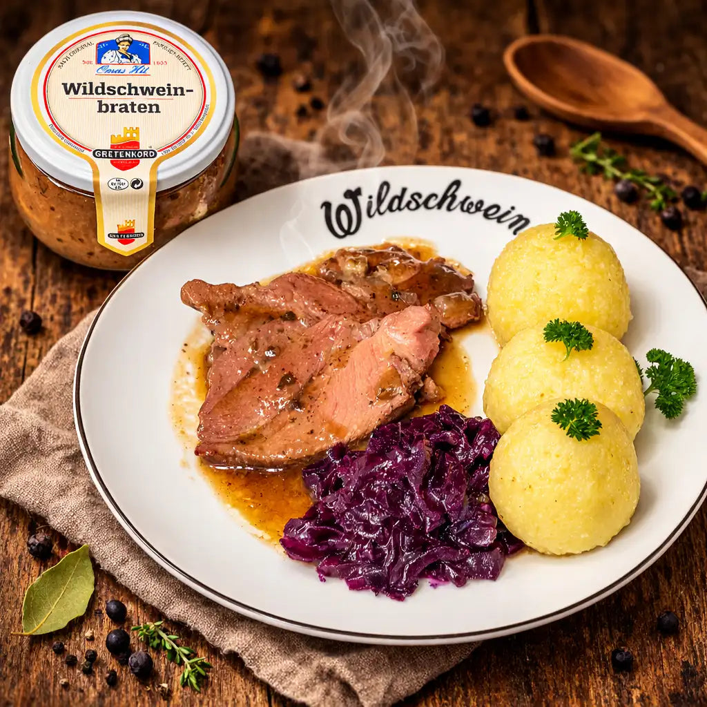 Wildschweinbraten mit Gemüse im Glas