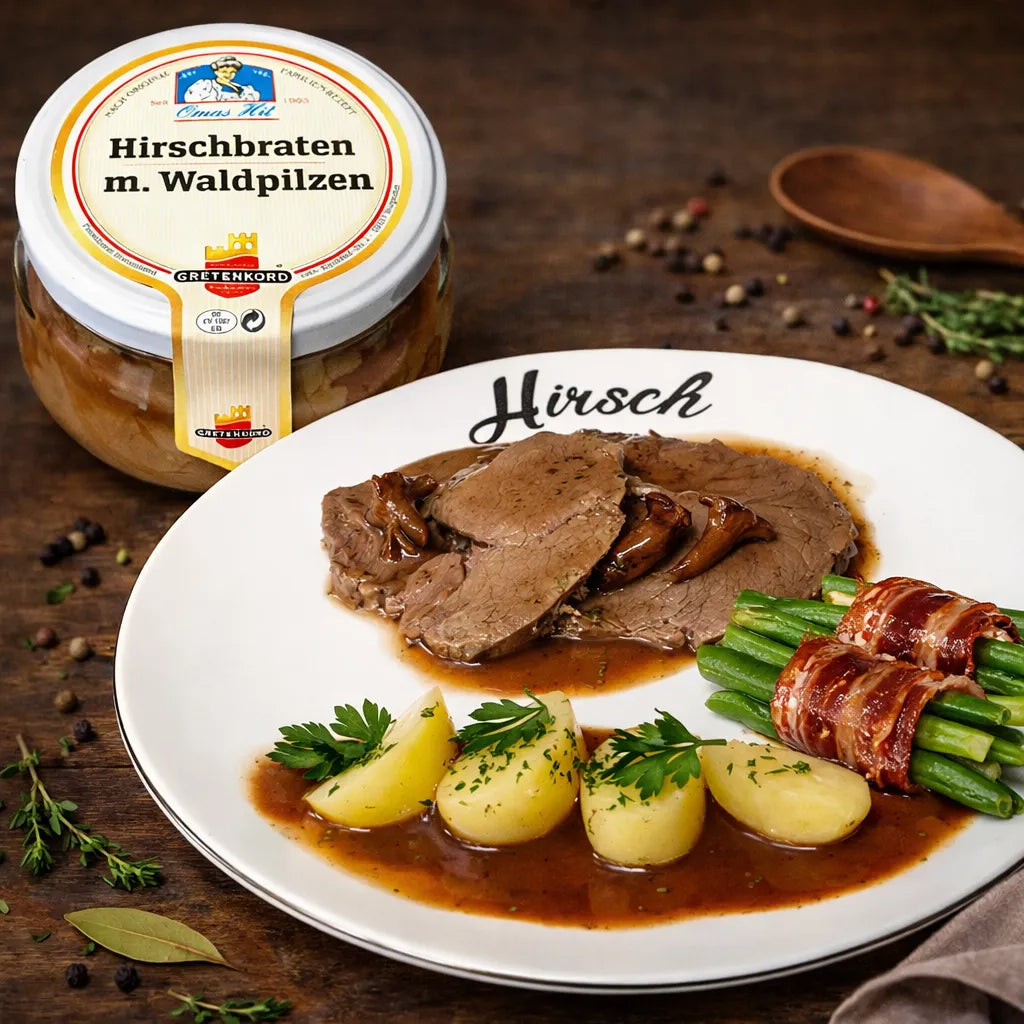 Hirschbraten mit Waldpilzen im Glas
