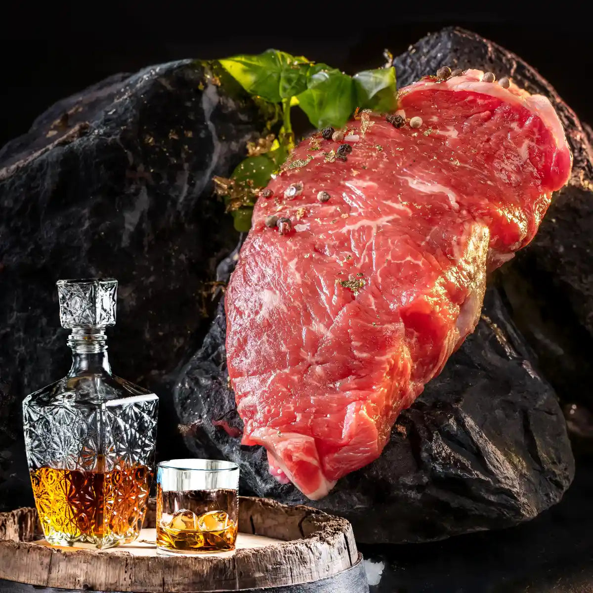 Im Vordergrund stehen auf einem Faß eine Kristallkaraffe und ein Glas mit Whisky. Im Hintergrund liegt über einem Stein ein rohes Stück Roastbeef.
